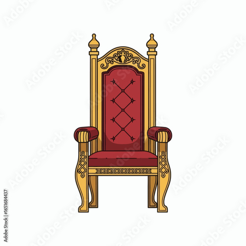 An ornate gold and red kings throne with a tufted backrest and decorative carvings on a white background