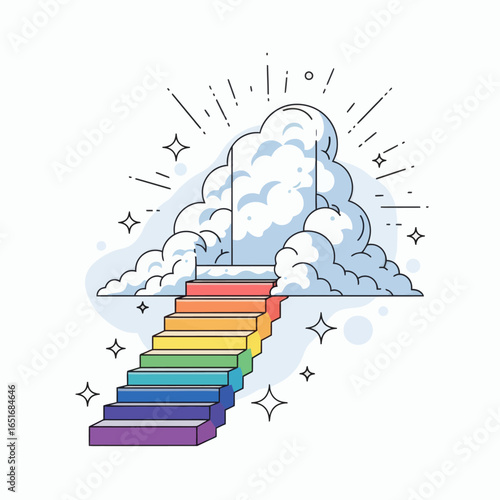 Rainbow stairs ascend into a cloud formation with a glowing gateway surrounded by sparkles and light