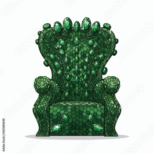 Regal green throne chair textured with scales adorned with numerous sparkling oval emeralds with snake armrests
