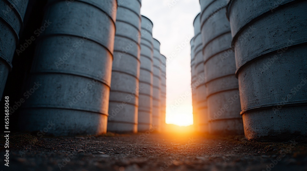 Obraz premium Row of large concrete cylinders with sunlight filtering through the middle