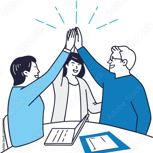 Three diverse individuals celebrating a successful collaboration with high-fives, in a bright office setting