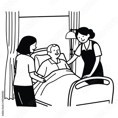 Two caregivers assist a smiling elderly patient in a hospital room with curtains and a lamp