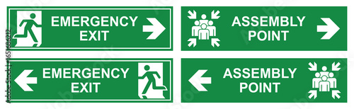 emergency exit & assembly point sign evacuation way escape point set vector illustration isolated