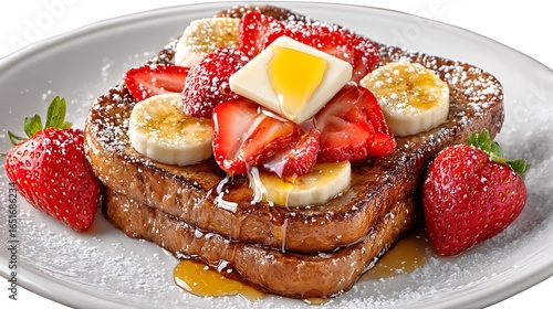 Delicious French Toast with Berries with Banana, and Syrup and Butter on a Plate.