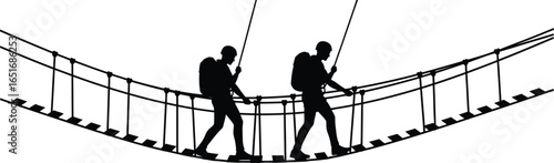 Silhouette of two people crossing a rope bridge, symbolizing adventure, challenge, and thrill of outdoor exploration