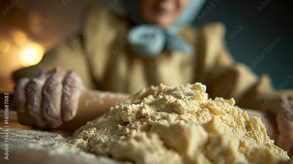 Fototapeta premium Person's hands with a rolling pin working a mound of raw dough covered in flour