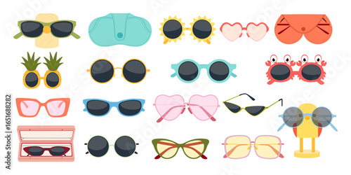 Set of trendy sunglasses in different fun styles. Colorful flat vector illustration, perfect for summer, fashion, travel, and holiday designs.