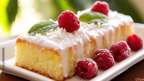 Wallpaper Mural Delicious Raspberry Coconut Cake with Fresh Mint Garnish and Glaze Torontodigital.ca