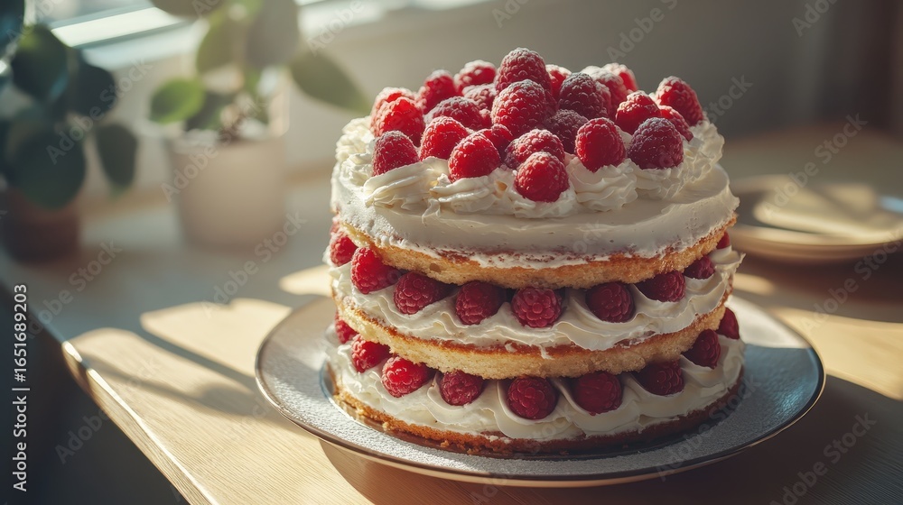 custom made wallpaper toronto digitalDelicious Raspberry Cream Cake on a Bright Sunny Table