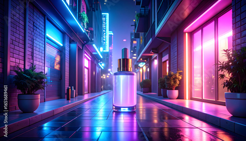 Neon Lit City Street At Night With Product Display And Reflections Of Purple And Blue Lights