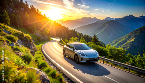 Electric Car Driving On Winding Road Through Lush Green Mountains Illuminated By A Golden Sunset Sky