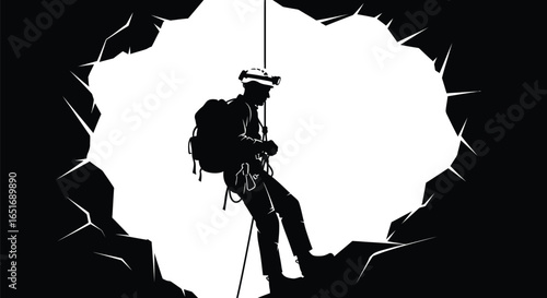 Silhouette of a caver rappelling into a cave, exploring underground world with rope and headlamp