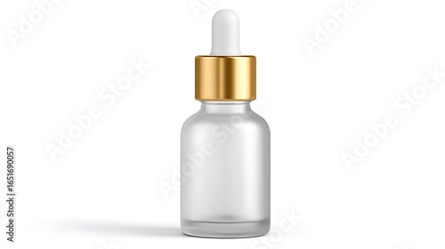 Frosted Glass Serum Bottle with Golden Cap Isolated on White Background Skincare Concept.