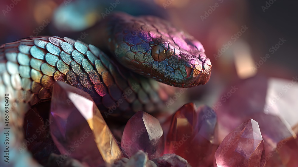 Fototapeta premium A rainbow-scaled serpent wrapped around an ancient floating crystal 