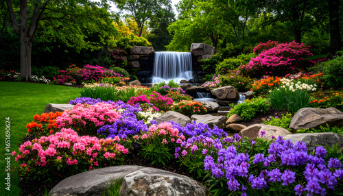 Picturesque Waterfall Scene Flowing Through Lush Garden with Colorful Blooming Flowers Under Bright Daylight