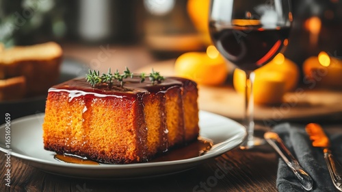Delicious dessert with caramel glaze and wine in cozy setting