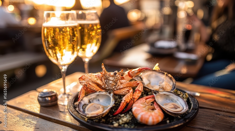Fototapeta premium Fresh Seafood Platter with Champagne at Sunset Dining Experience