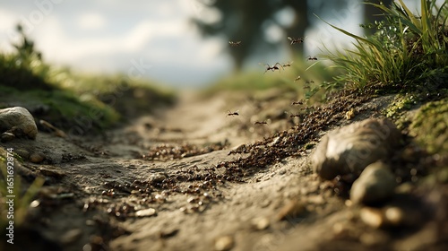 A trail of ants carrying crumbs back to their anthill on a dirt path 