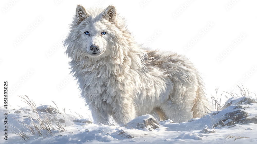 Obraz premium Majestic Arctic Wolf with piercing blue eyes with standing proud in snowy landscape.
