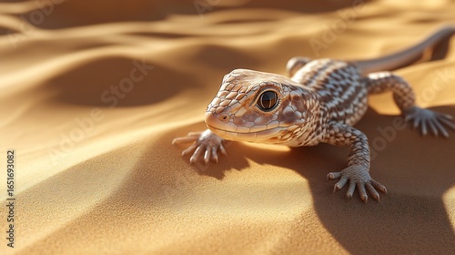 A desert lizard with glass-like skin reflecting the sand dunes around it.