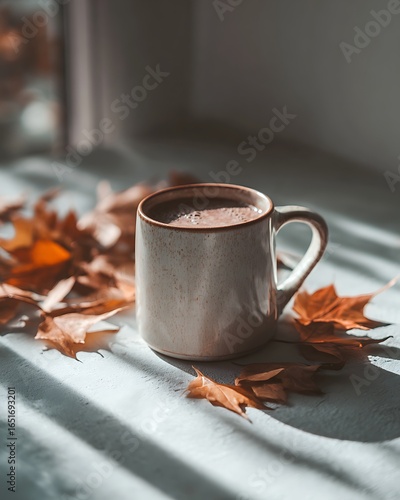 A cozy mug of hot chocolate sits on a bed with autumn leaves scattered around, bathed in soft, natural light. The scene evokes a warm, autumnal atmosphere.