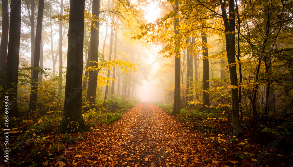 Obraz premium Autumnal Forest Path Leading Into Sunlight Surrounded By Tall Trees and Fallen Leaves in Golden Hues