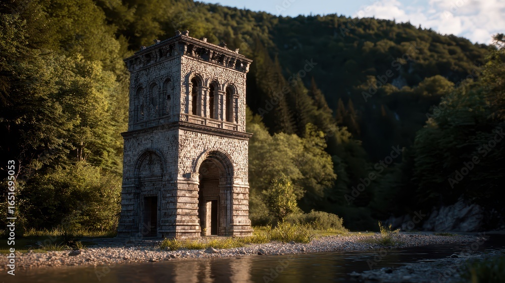 Naklejka premium Ancient stone tower surrounded by lush greenery and river scenery