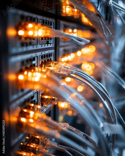 A close-up of a server rack with numerous cables and glowing lights, indicating a high-tech data center environment.