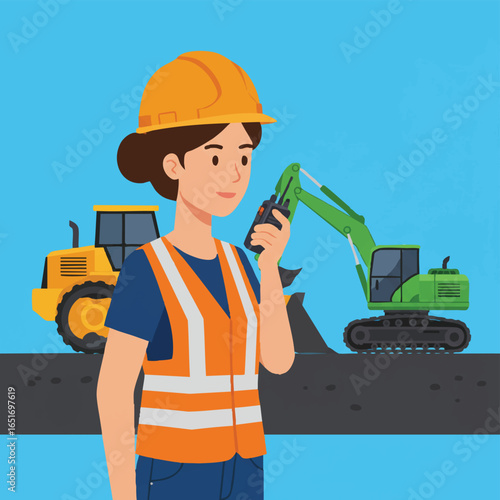 A determined female construction worker wearing a hard hat and safety vest communicates via walkie-talkie on an active building site with heavy machinery.
