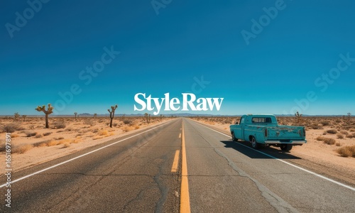 Desert road trip empty highway with vintage truck