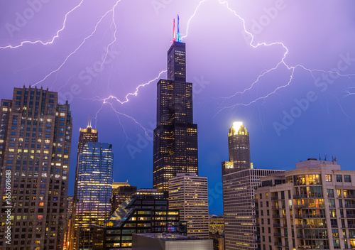 Lightning Storm Over Chicago Skyline with Willis Tower at Night