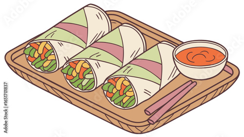 Delicious vegetable spring rolls with dipping sauce recipe and healthy eating food illustration art