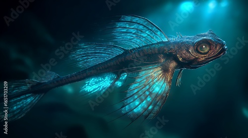 A bioluminescent dragonfish with long fins swimming in a glowing underwater cave 