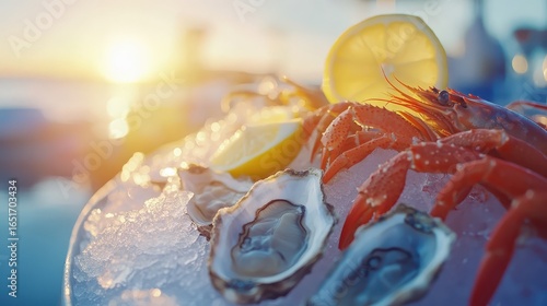 Fresh Seafood Platter with Shrimp and Oysters at Sunset Table Setting