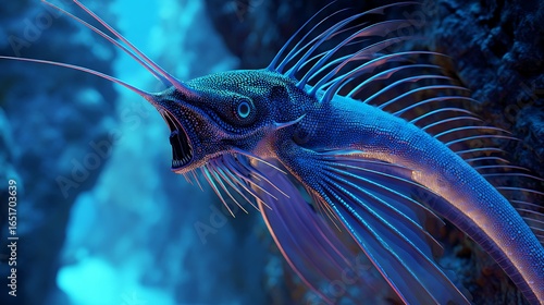 A bioluminescent dragonfish with long fins swimming in a glowing underwater cave 