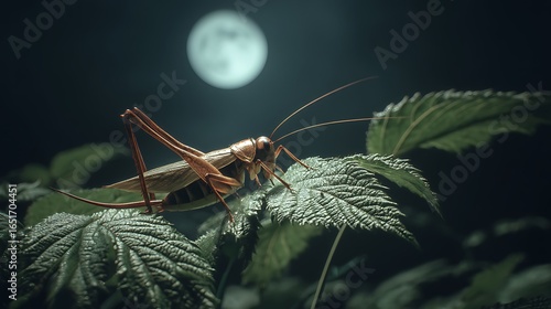A cricket chirping on a leaf at night under soft moonlight 