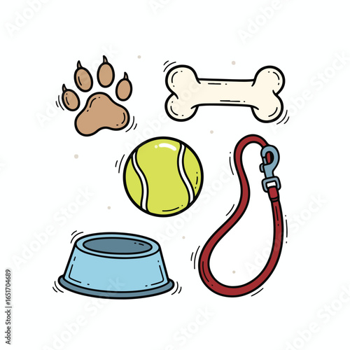 Cartoon illustration of dog-related items, including a paw print and bone.