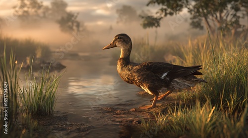 A duck walking along the edge of a pond in the early morning light