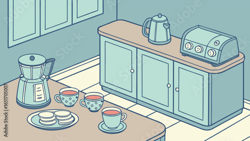 Illustration of kitchen scene with coffee maker tea cups kettle and toaster appliance design
