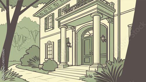 Drawing of a classic colonial house with columns and front yard landscaping for architecture design