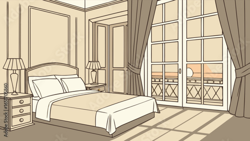 Luxury hotel bedroom interior design with bed, lamps, curtains and balcony view illustration