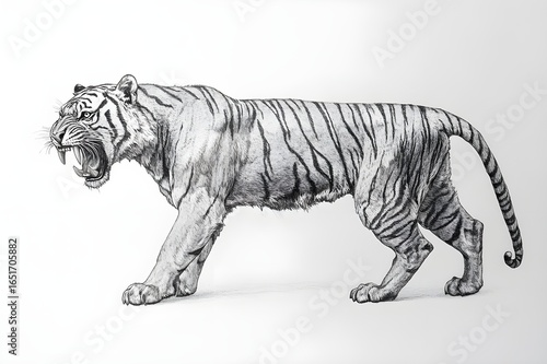 Pencil drawing of angry and fierce tiger from side view, white background