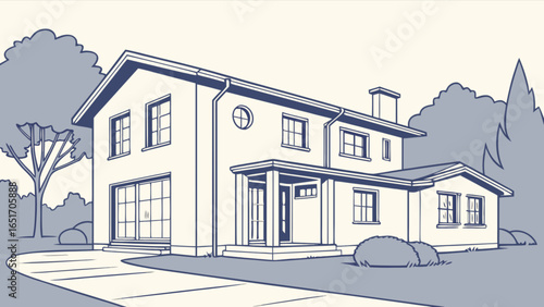 Modern architectural house design with trees and driveway illustration for real estate search