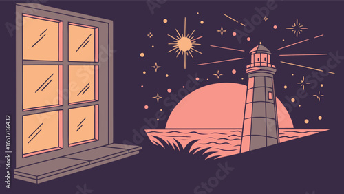 Lighthouse view from window at night with stars and moon vector illustration drawing art design