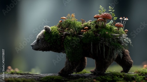 A bear with moss and mushrooms growing on its back, protector of the enchanted forest