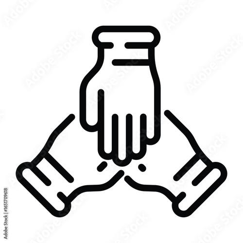 Three hands joined in the center symbolizing unity teamwork or cooperation, web icons in line style. Editable stroke