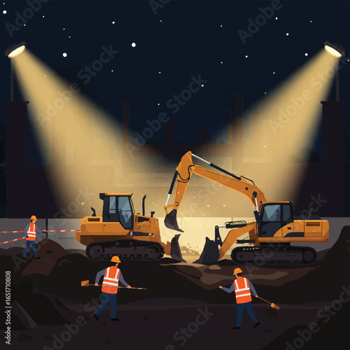 An illustrative scene depicts heavy machinery like an excavator and bulldozer working at a construction site under bright spotlights during the night, with workers present.
