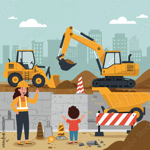 A vibrant illustration depicts a construction site with a female worker directing a child, alongside heavy machinery and city buildings in the background.