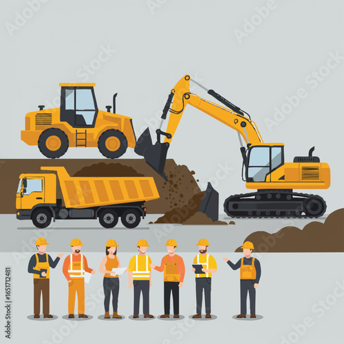 A vibrant illustration showcasing construction workers and heavy machinery, including an excavator, dump truck, and bulldozer, at a construction site with a neutral background.