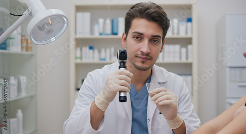 Male doctor with medical instrument performing a professional examination, providing healthcare services and medical consultation